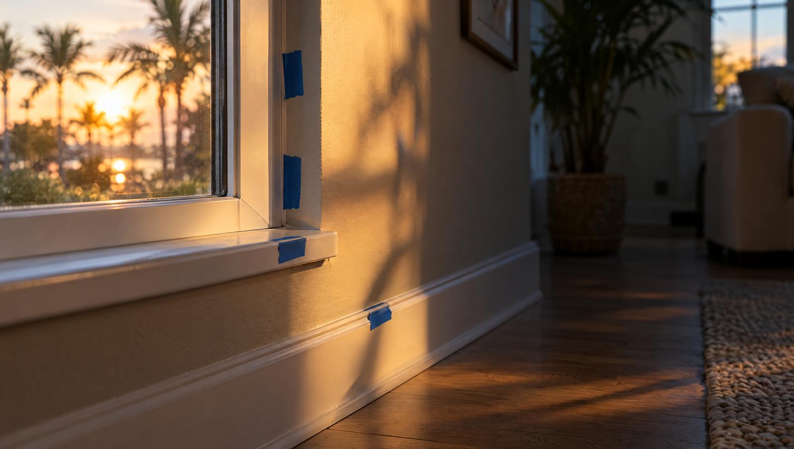 Window leaks marked with blue painter's tape