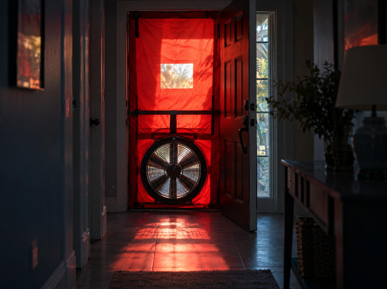 Blower door fan and screen fitted to a front door